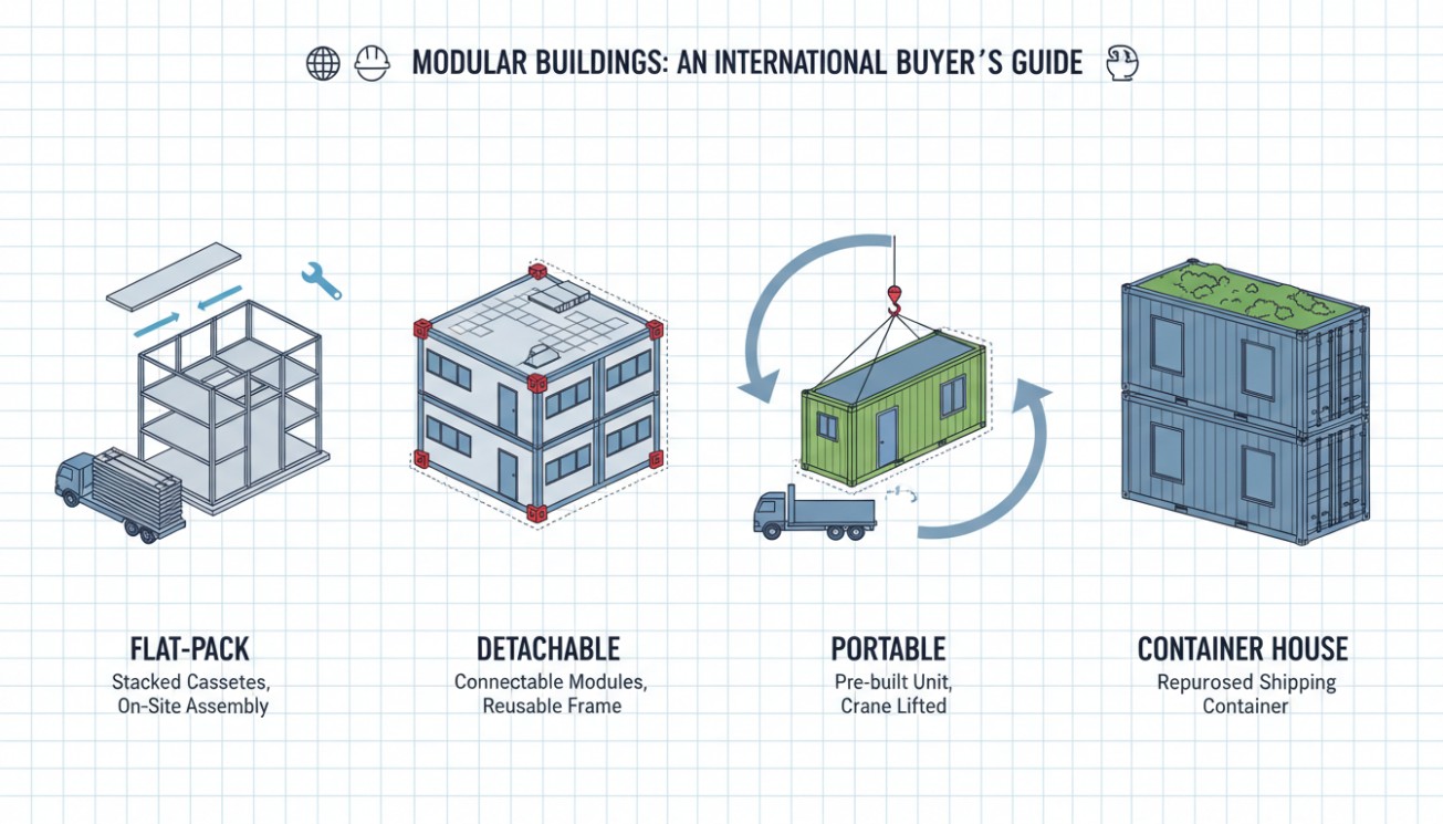Comparison of flat-pack, detachable, portable and container building delivery formats